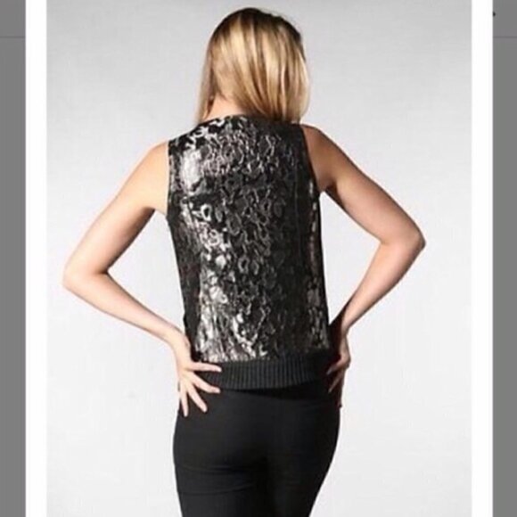 Tory Burch Tank Top 8 Lamé Wool Metallic Sleeveless Leopard Animal Black Luxury - Picture 4 of 6